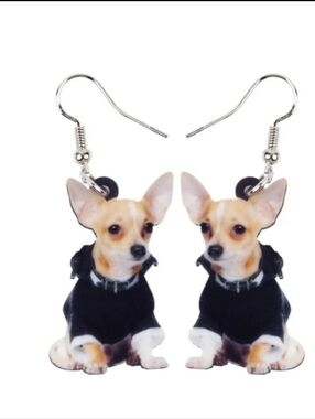 Hand Crafted Chihuahua Dog Dangle Earrings - Black & Cream